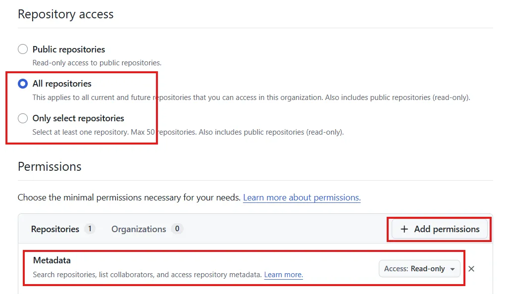 Select permissions for fine-grained token